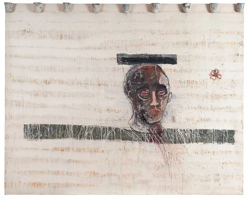 Poète, Mixed media on canvas with lead strip and lead pots, 2007