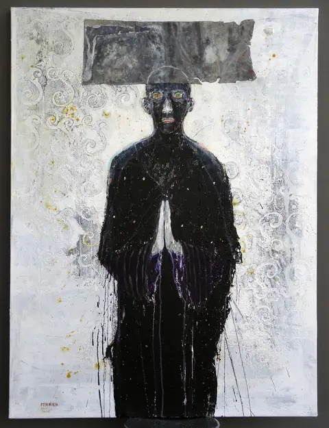 Tau, Acrylic and oil on linen canvas with lead plate, 2015